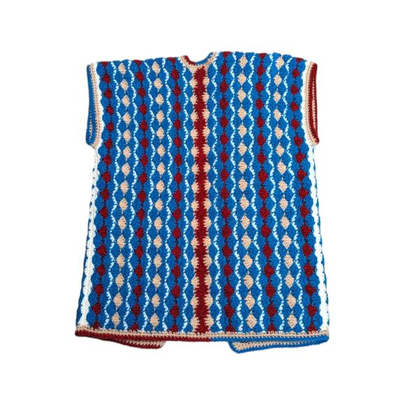 Vintage Handmade Chunky Knit Cardigan Sweater Blue Red Grannycore Crochet Afghan - Picture 2 of 4